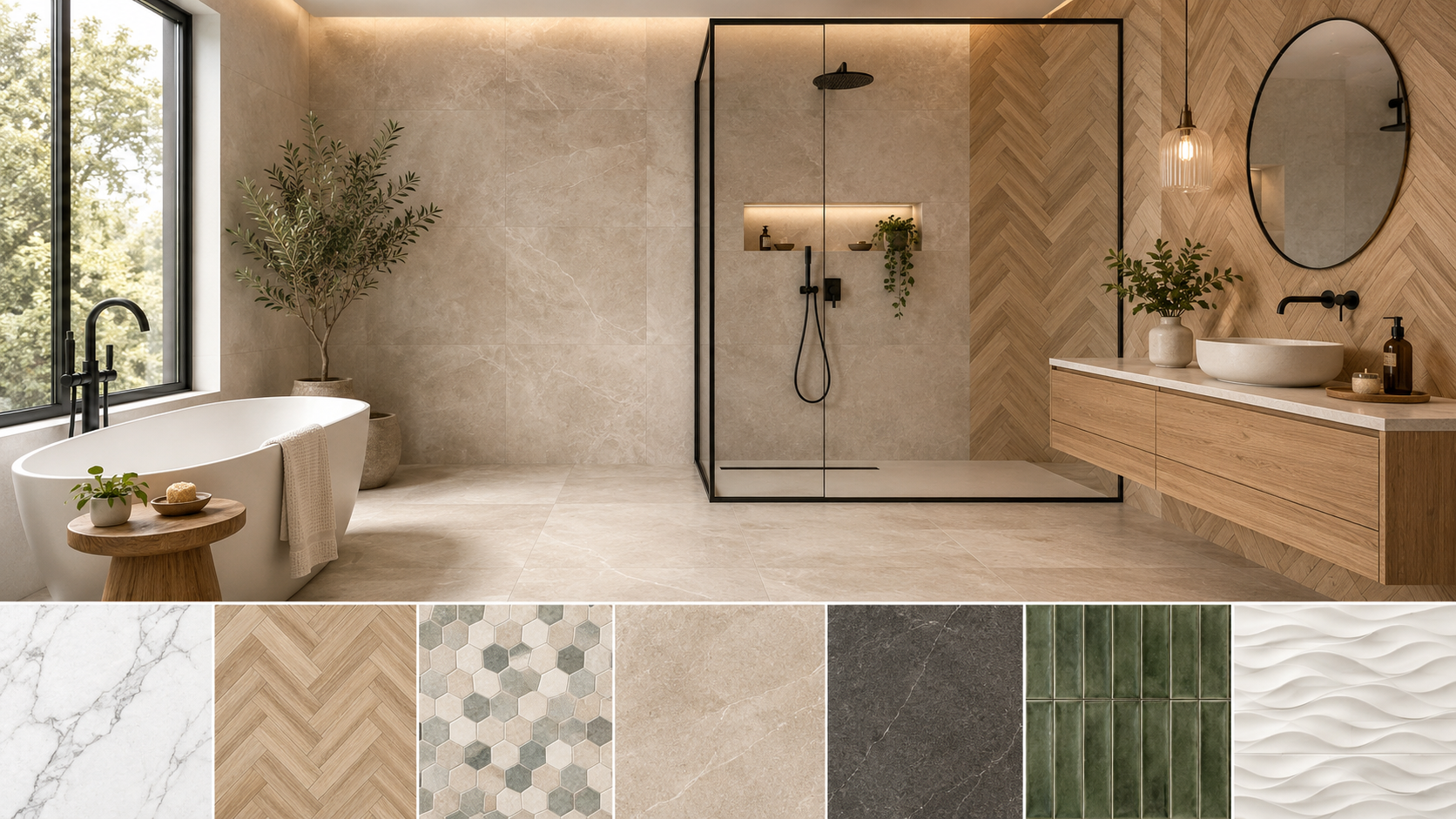 Salle de bain moderne avec plusieurs styles de carrelage au sol et aux murs