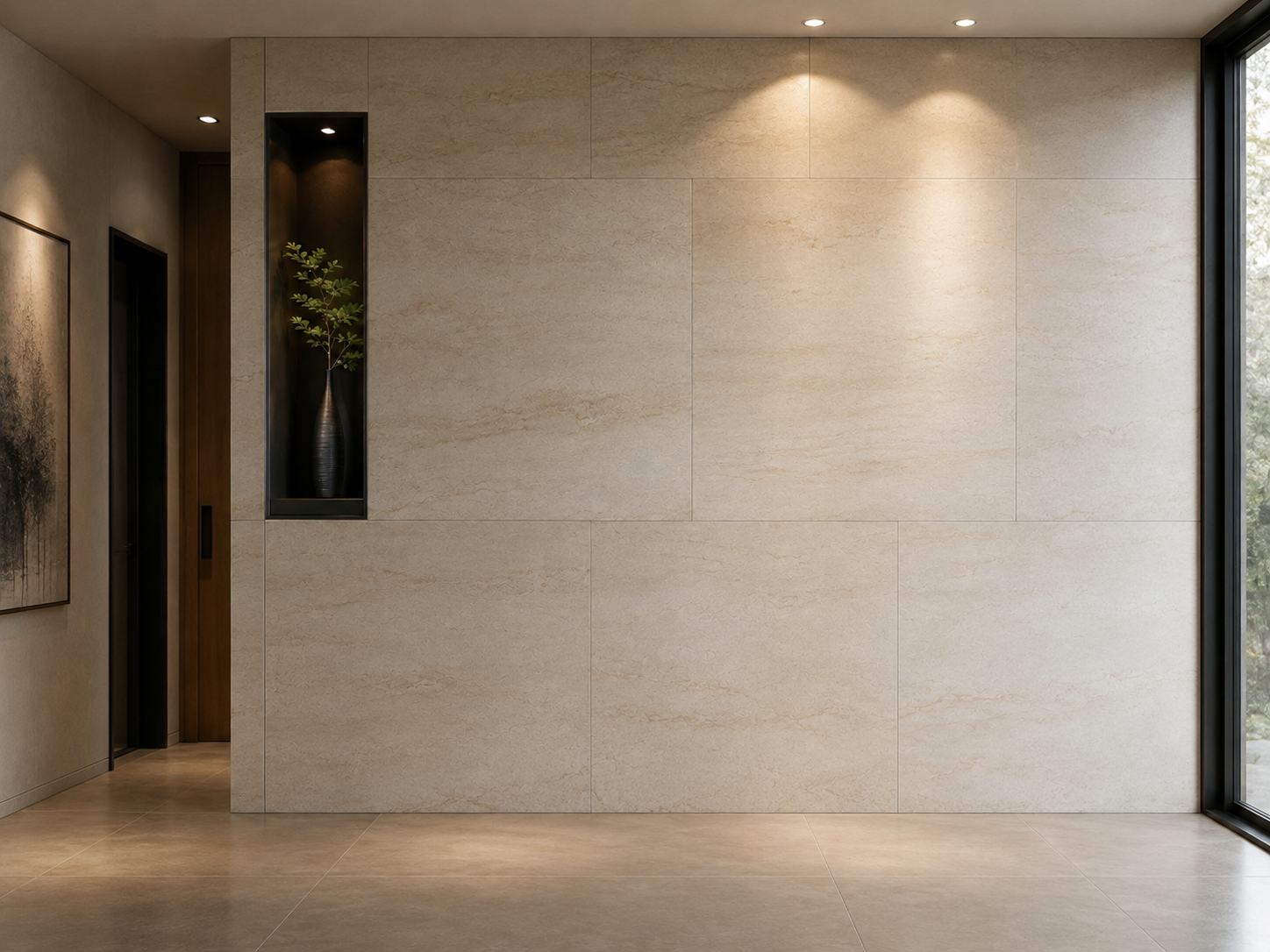 Showroom de carrelage avec grands formats, effets pierre, bois et salle de bain contemporaine