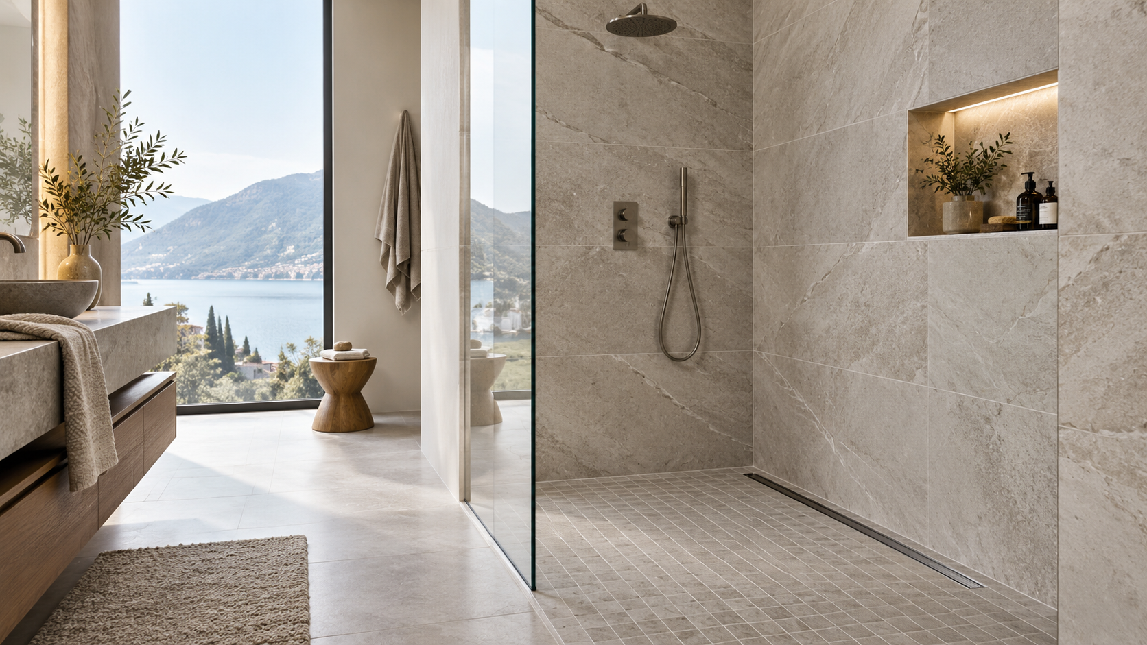 Douche italienne avec carrelage effet pierre grand format et mosaïque au sol