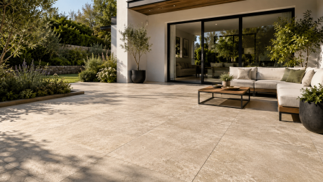 Terrasse moderne avec carrelage extérieur clair et mobilier de jardin