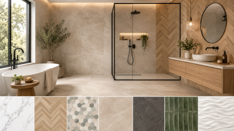 Salle de bain moderne avec plusieurs styles de carrelage au sol et aux murs