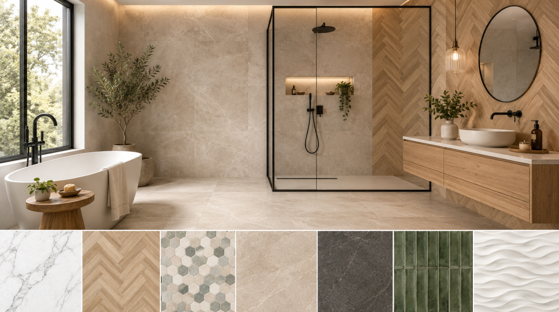 Salle de bain moderne avec plusieurs styles de carrelage au sol et aux murs