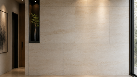 Showroom de carrelage avec grands formats, effets pierre, bois et salle de bain contemporaine