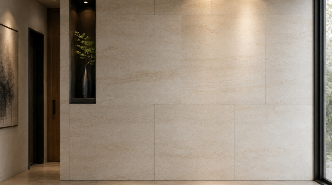 Showroom de carrelage avec grands formats, effets pierre, bois et salle de bain contemporaine