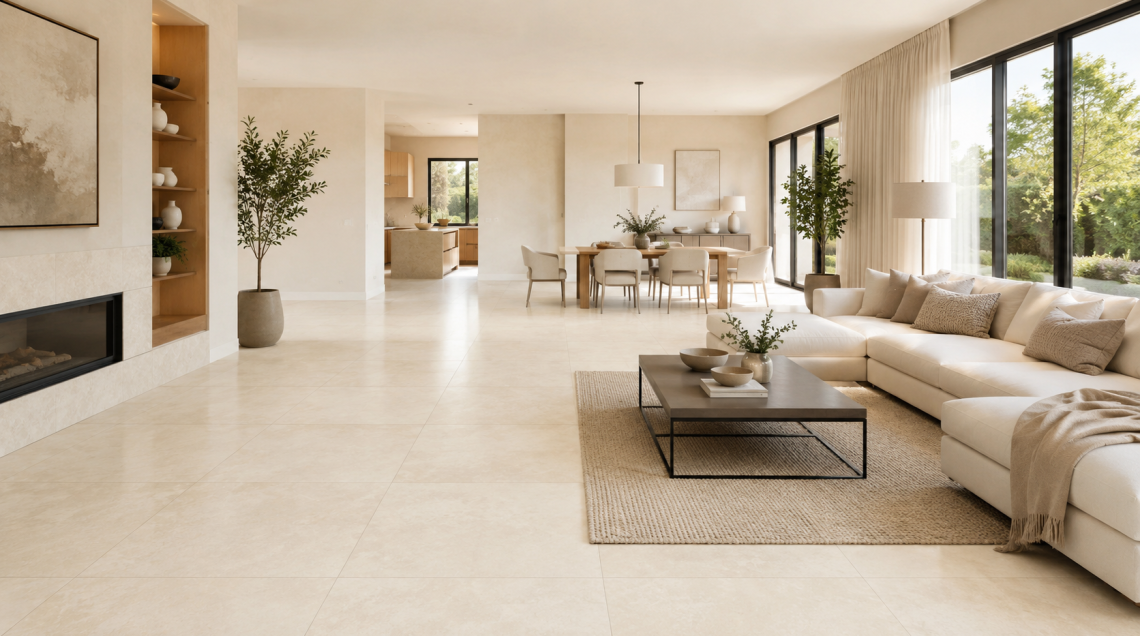 Salon lumineux avec carrelage clair grand format